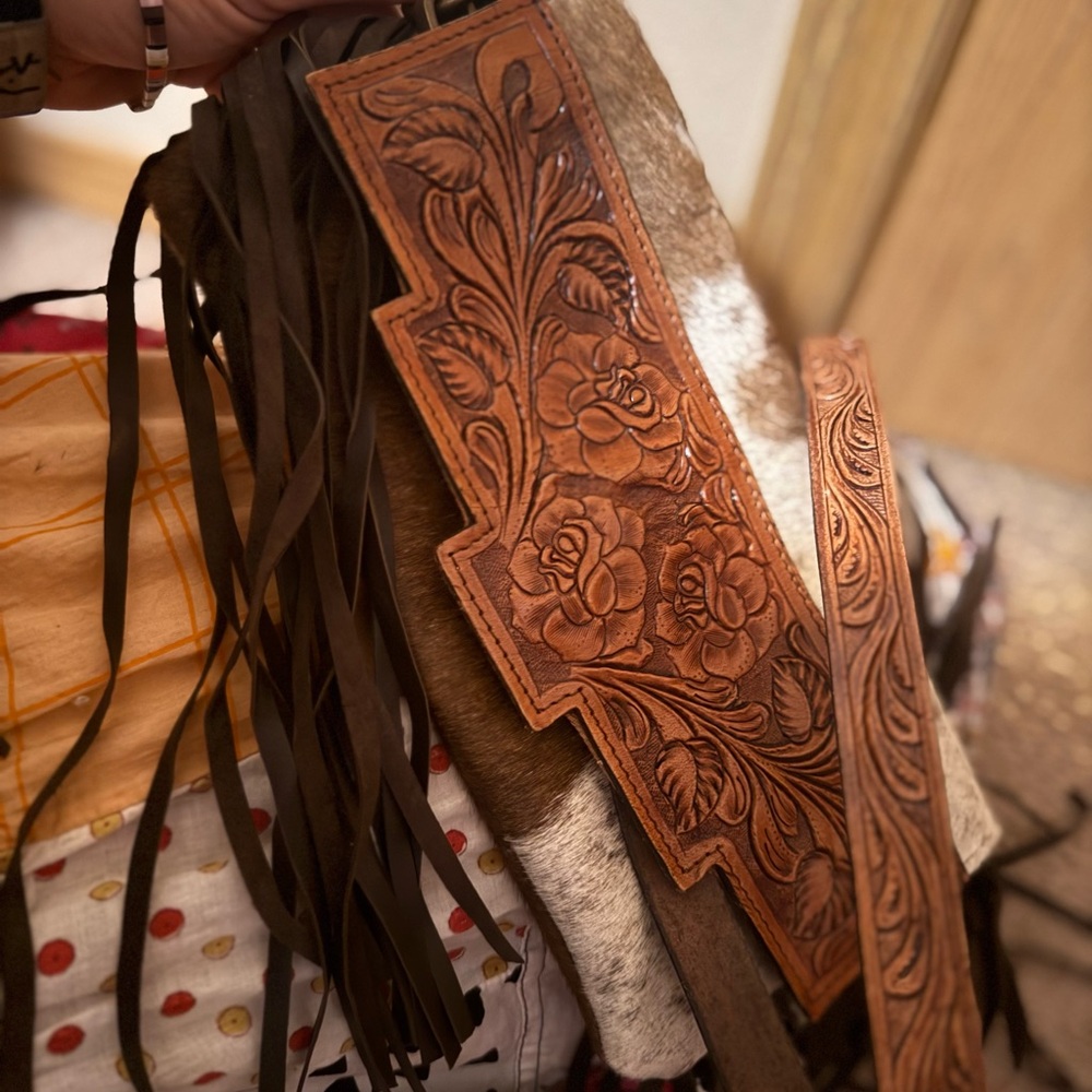 Brown Tooled Leather and cow hide long strap purse with real leather fringe